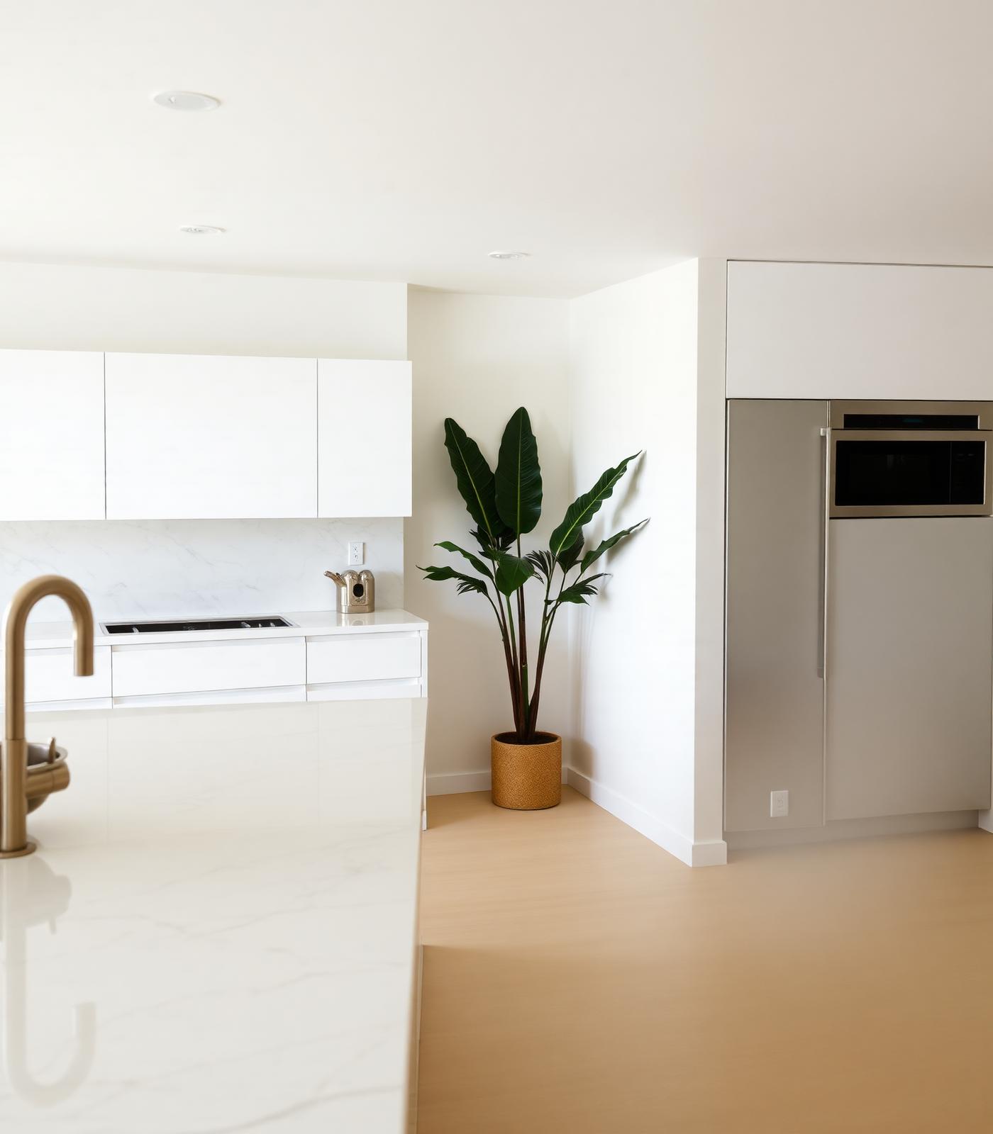A pristine modern kitchen with soft tropical light