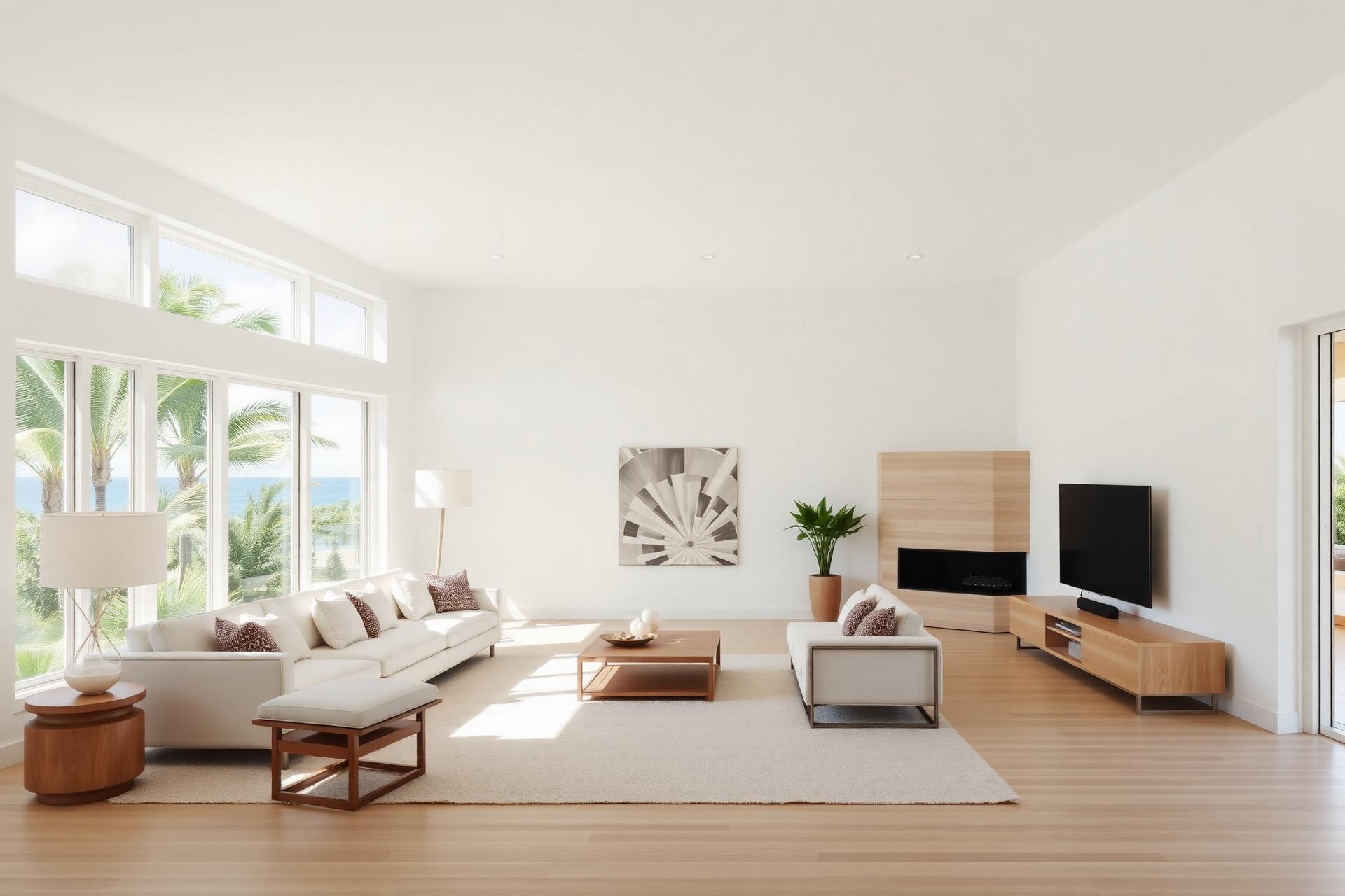 Pristine, sunlit living room with a view of tropical palms